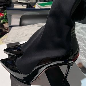 Aquazzura pointed toe black patent/ fabric bootie. Never worn before.4 inch heel